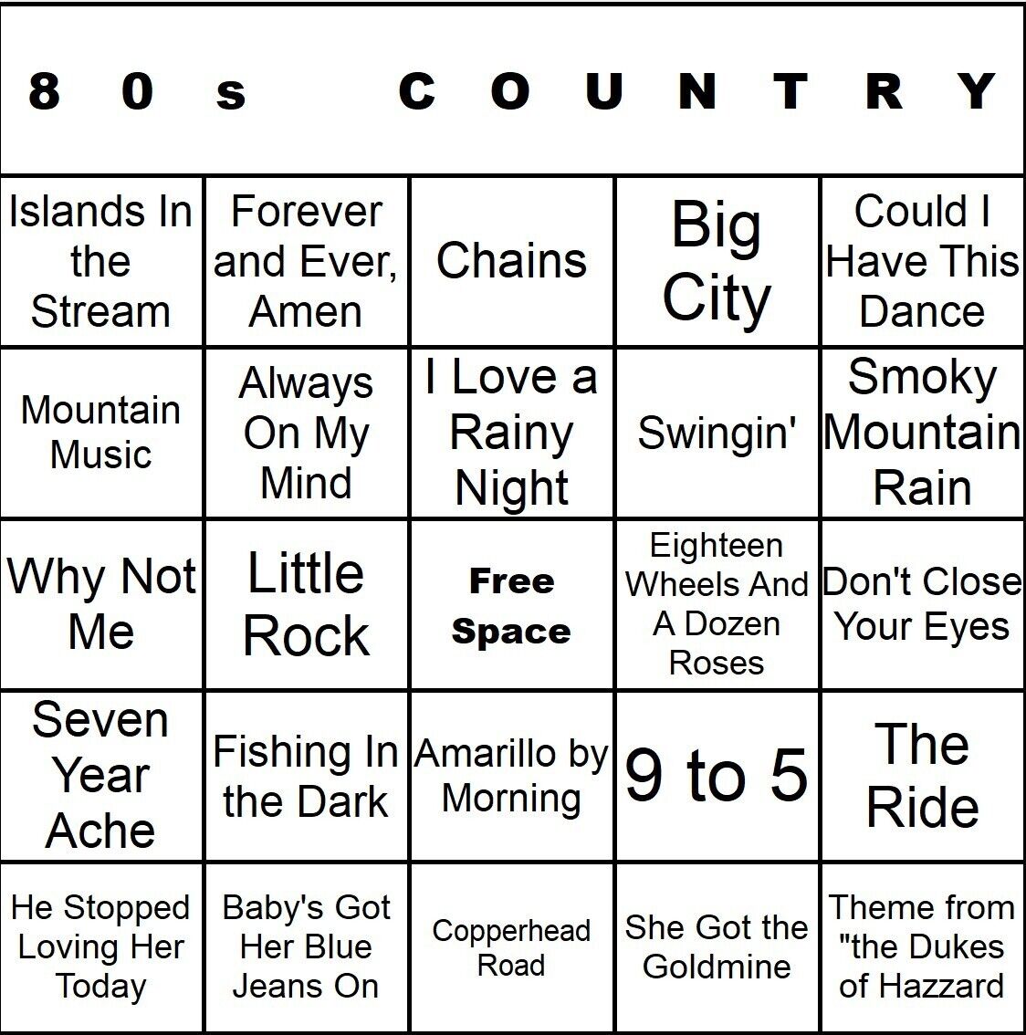 80s Country 100 Music Bingo Cards Printed And Laminated With Playlists