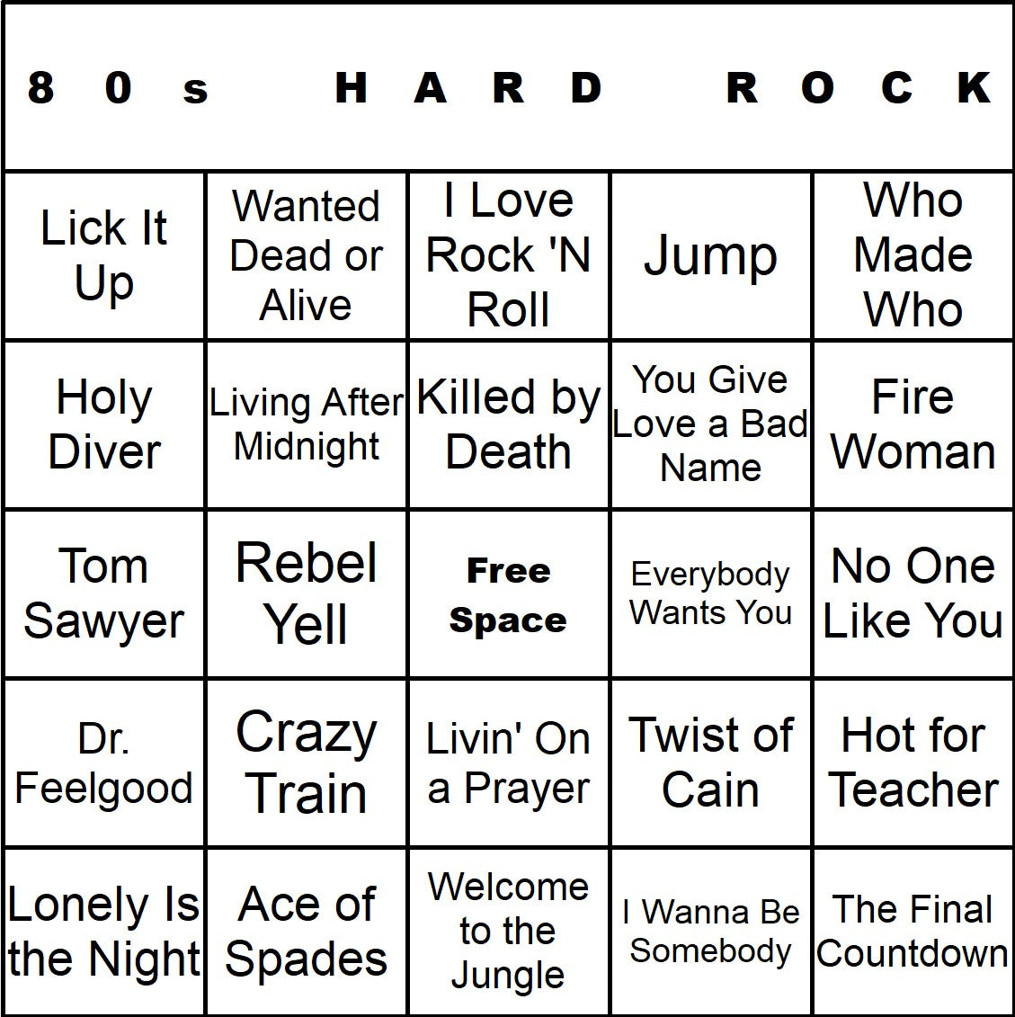 80s Hard Rock music bingo single-card example