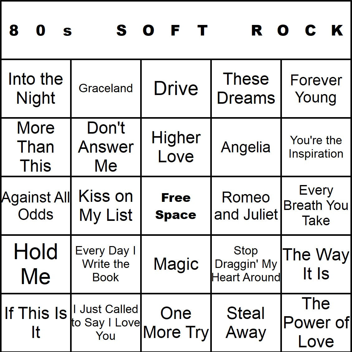 80s Soft Rock music bingo single-card example