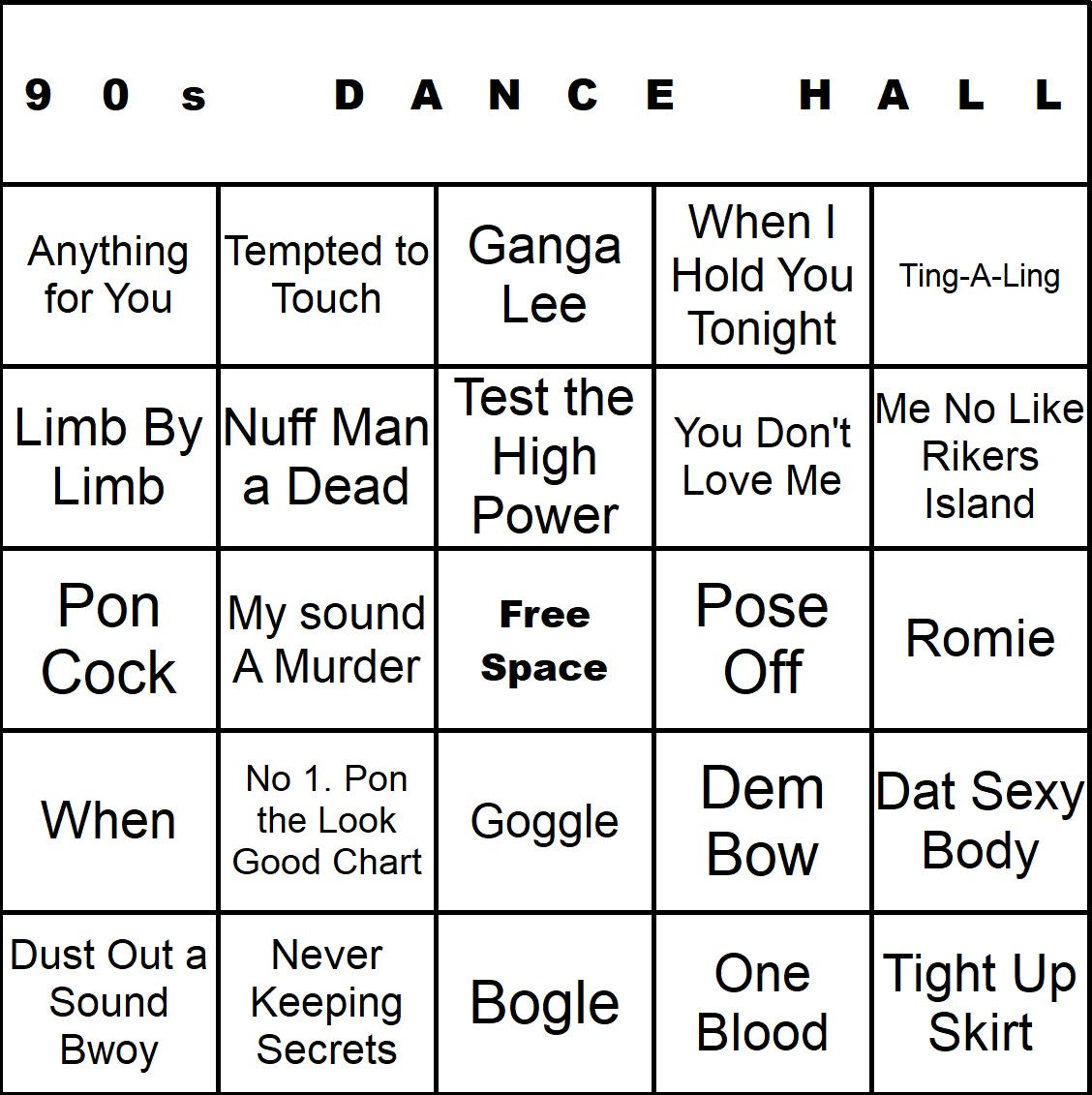 90s Dance Hall music bingo single-card example