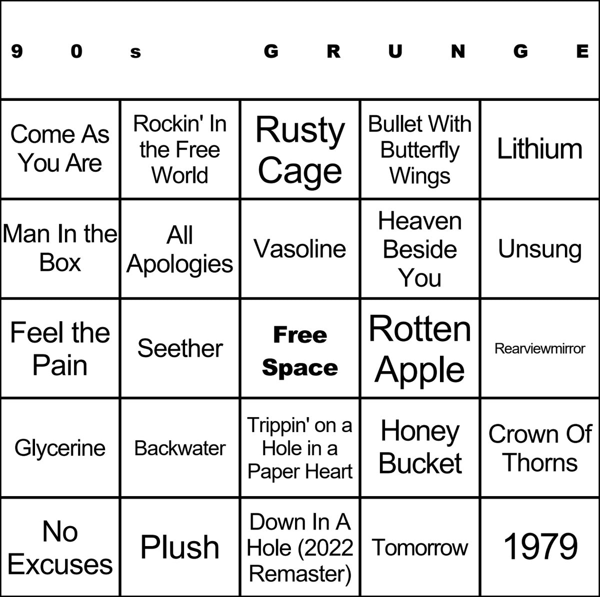 90s Grunge laminated music bingo card example