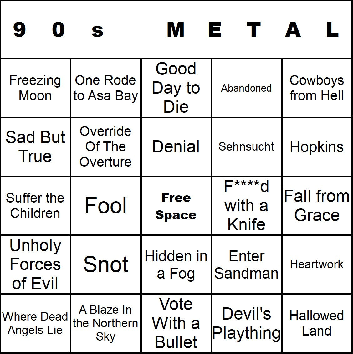 90s Metal music bingo single-card example