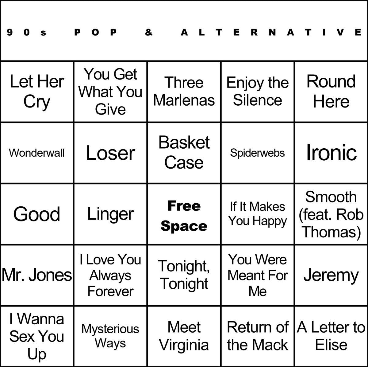 90s Pop & Alternative music bingo card example