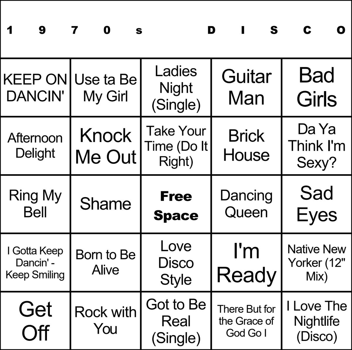 1970s Disco 100 Music Bingo Cards Printed And Laminated With Playlists