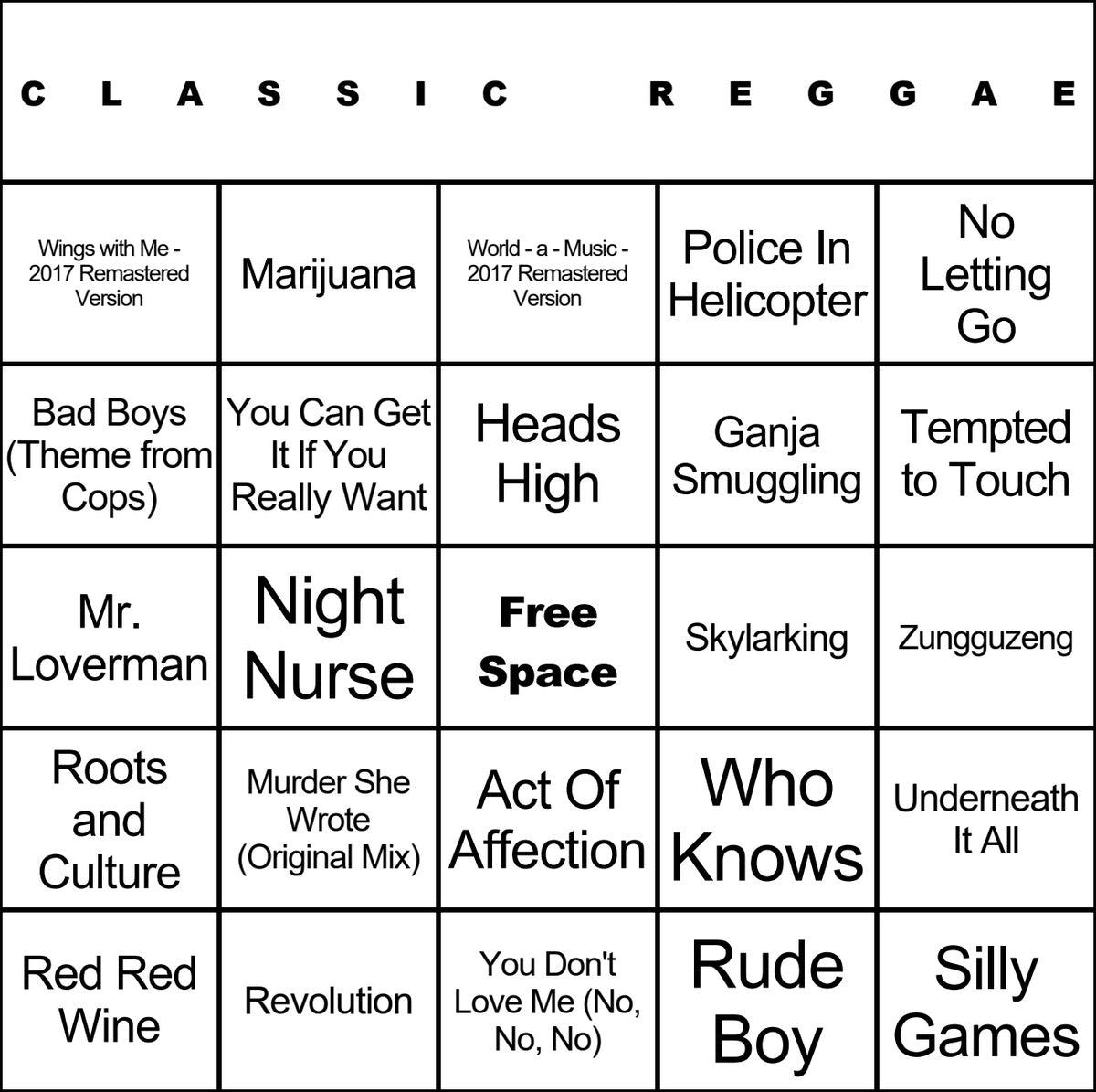Classic Reggae laminated music bingo card example