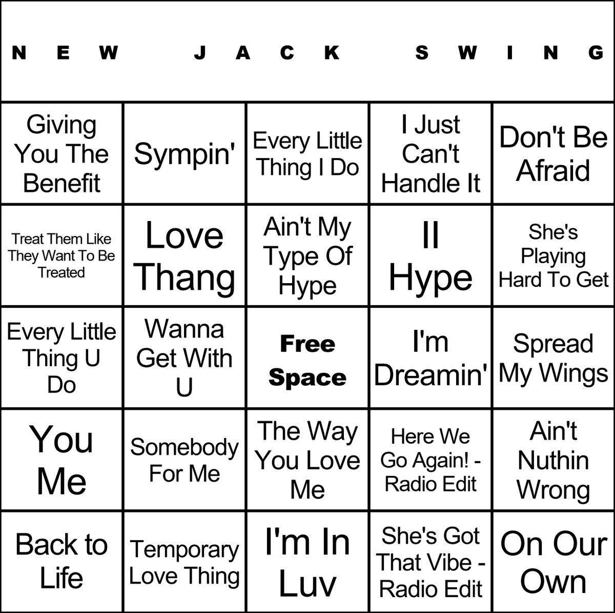 New Jack Swing laminated music bingo card example