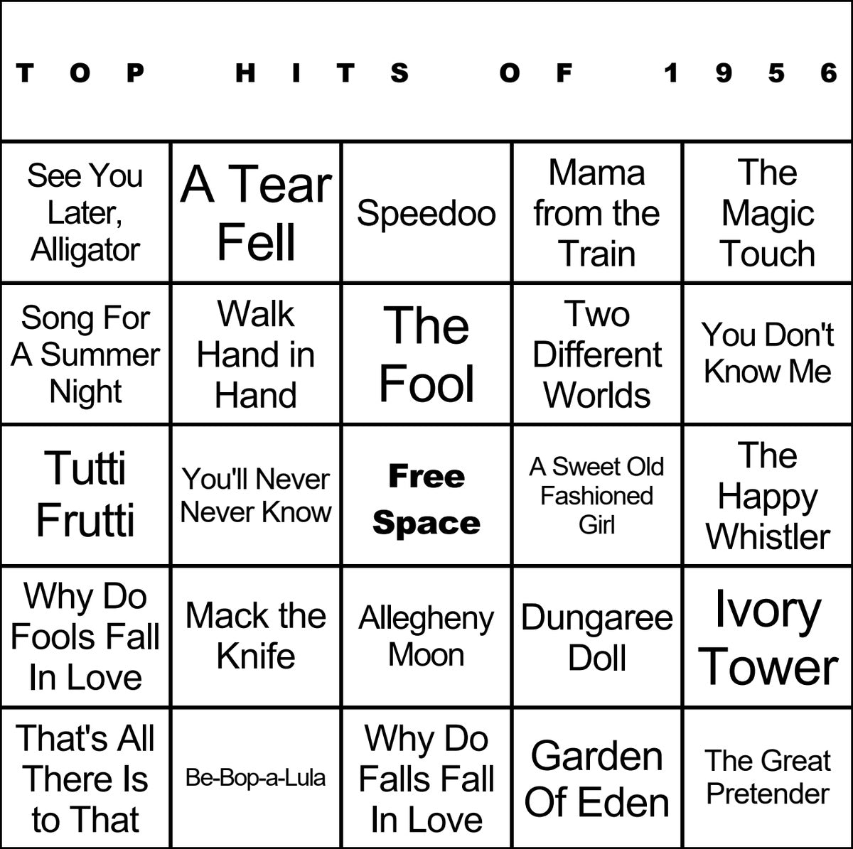 Top Hits of 1956 laminated music bingo card example