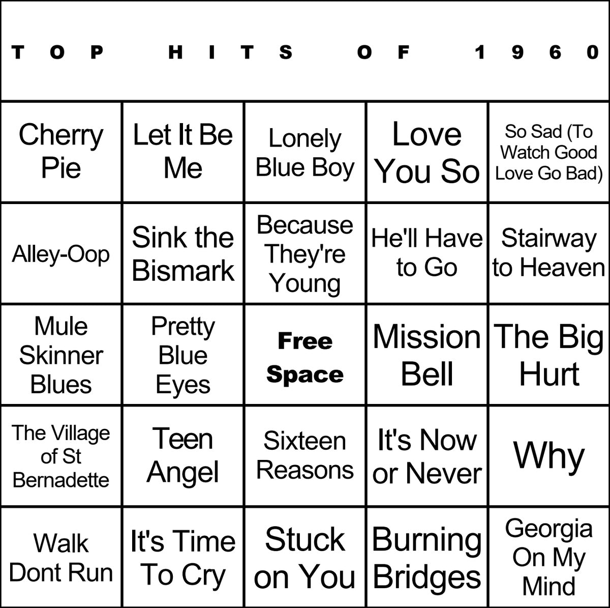 Top Hits of 1960 laminated music bingo card example