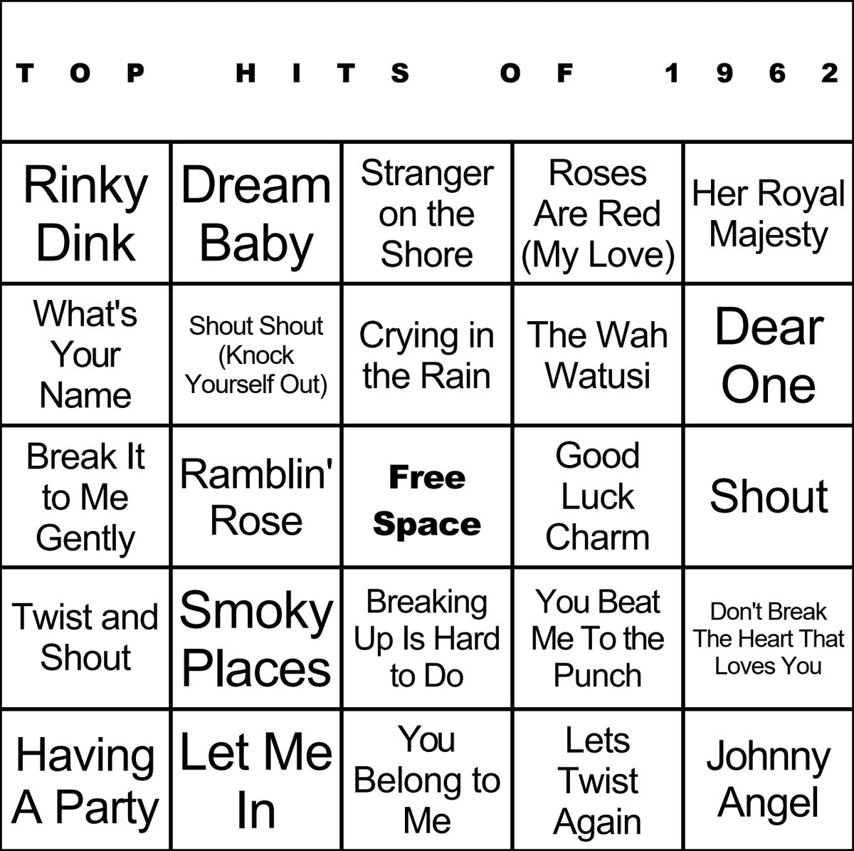 Top Hits of 1962 laminated music bingo card example