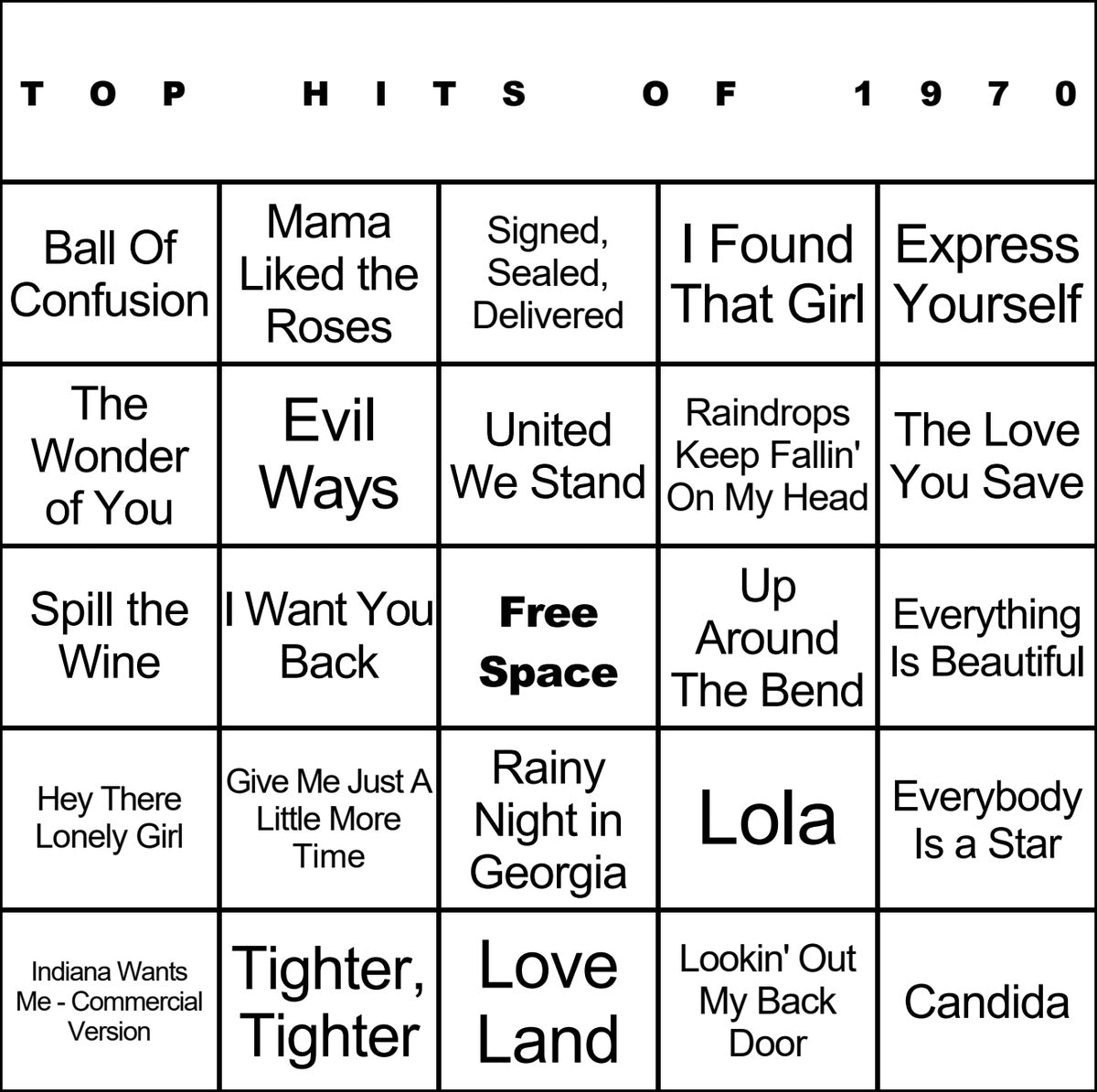 Top Hits of 1970 laminated music bingo card example