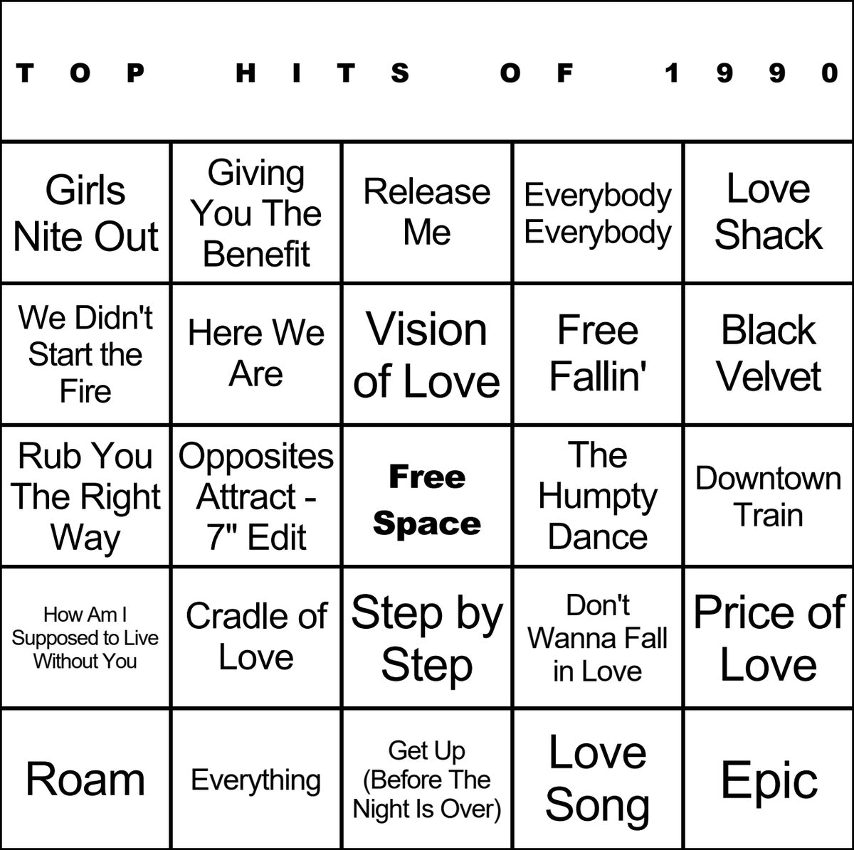 Top Hits of 1990 laminated music bingo card example
