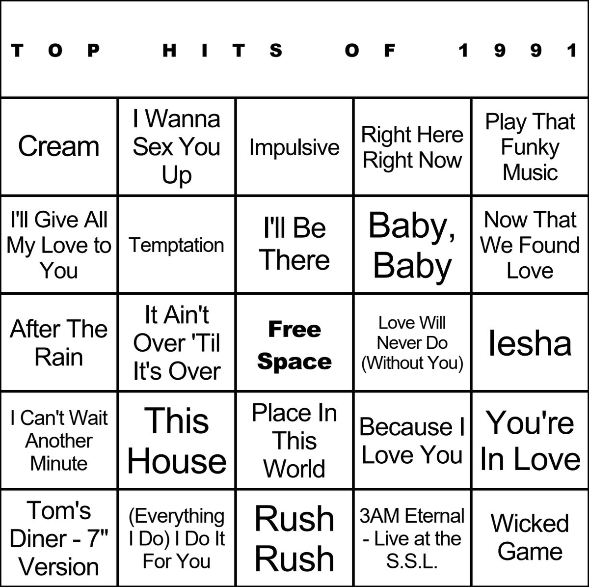 Top Hits of 1991 laminated music bingo card example