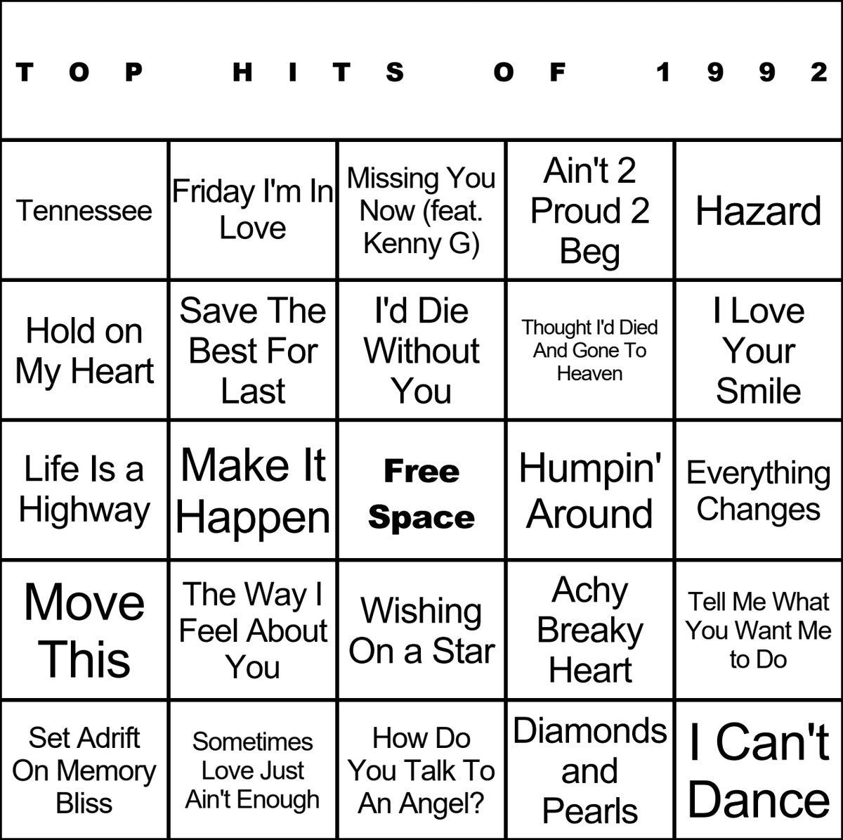 Top Hits of 1992 laminated music bingo card example