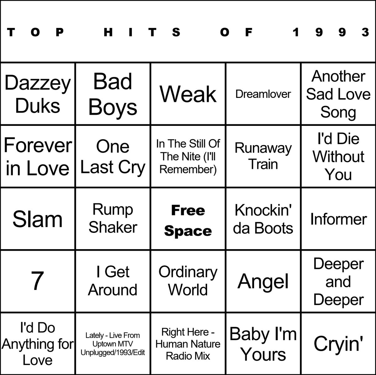Top Hits of 1993 laminated music bingo card example