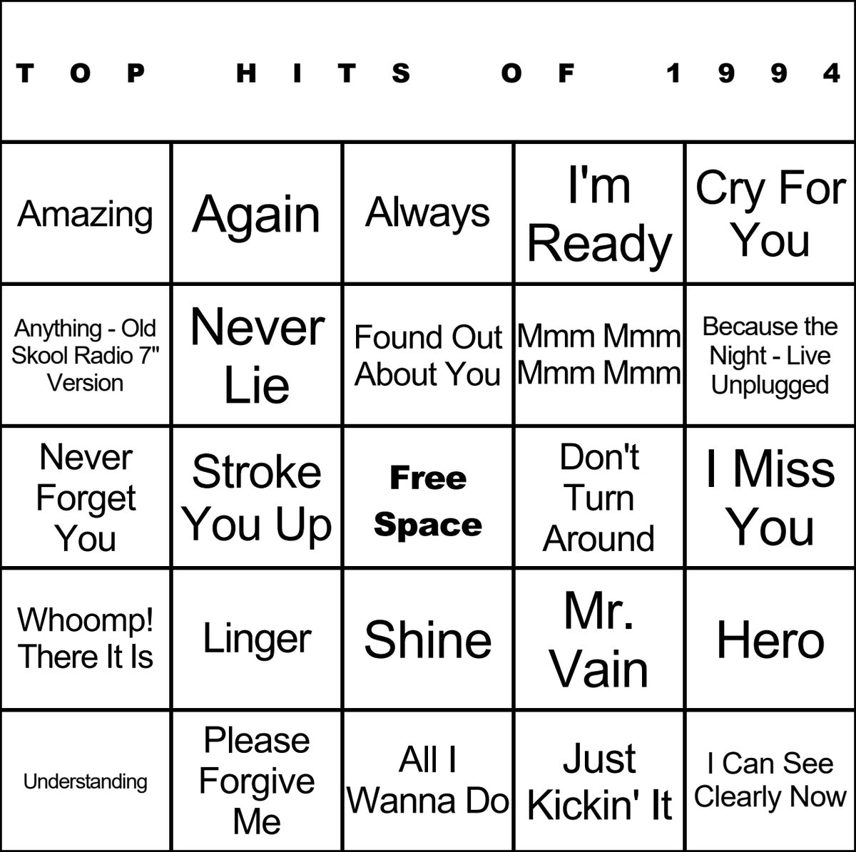 Top Hits of 1994 laminated music bingo card example