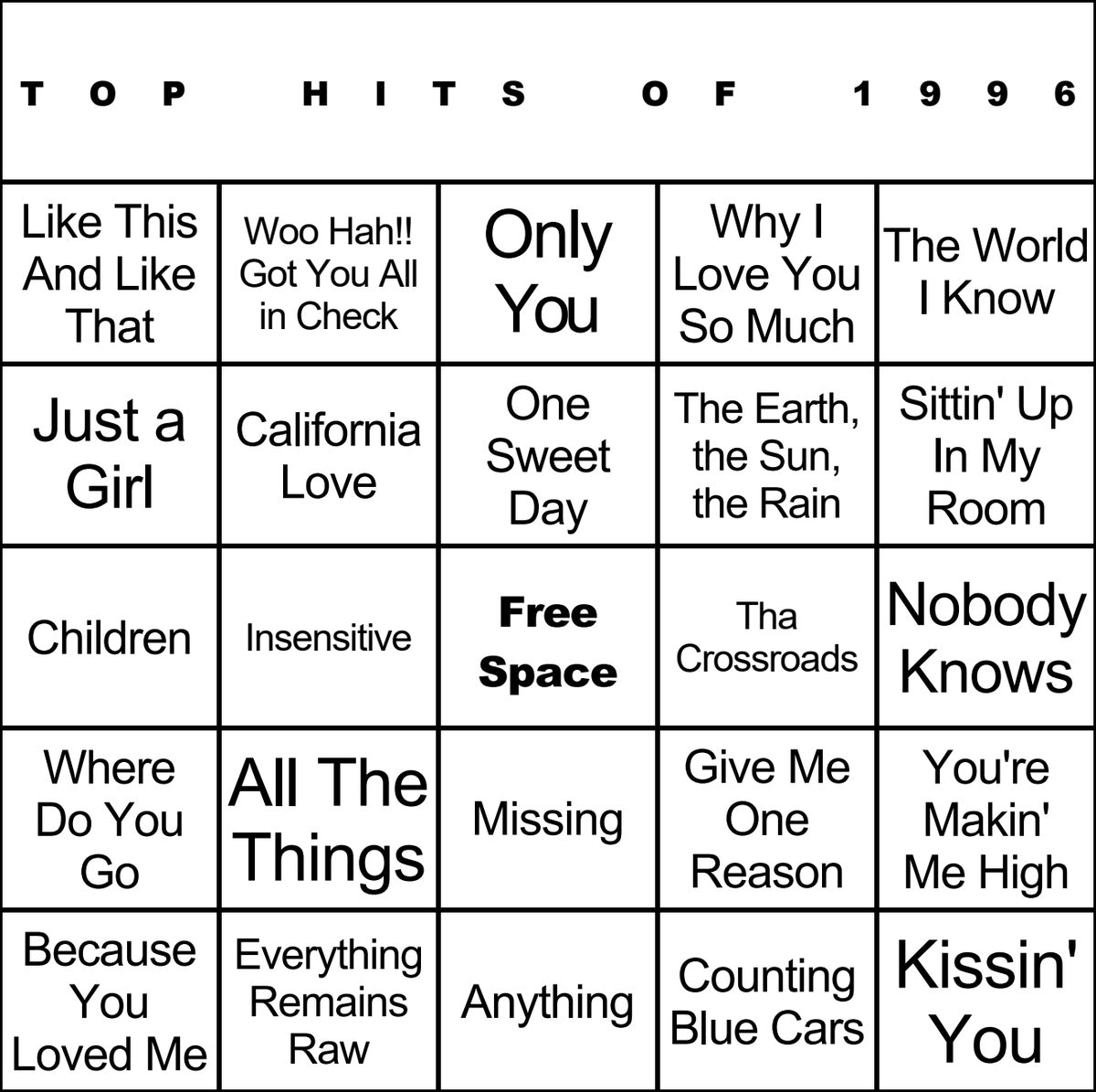 Top Hits of 1996 laminated music bingo card example