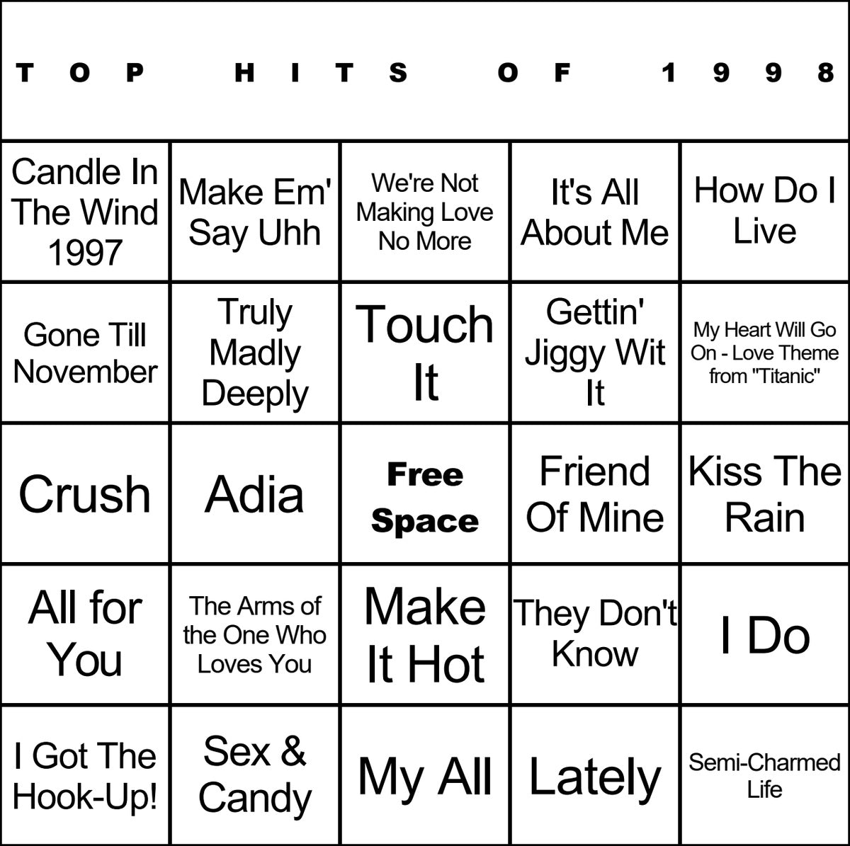 Top Hits of 1998 laminated music bingo card example