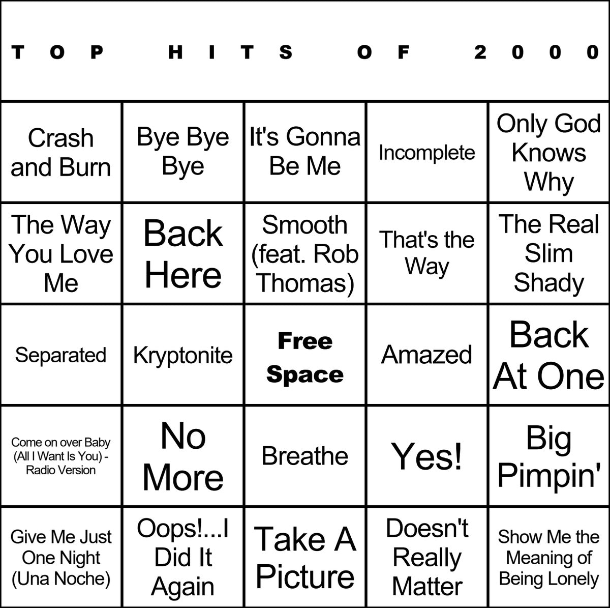 Top Hits of 2000 laminated music bingo card example