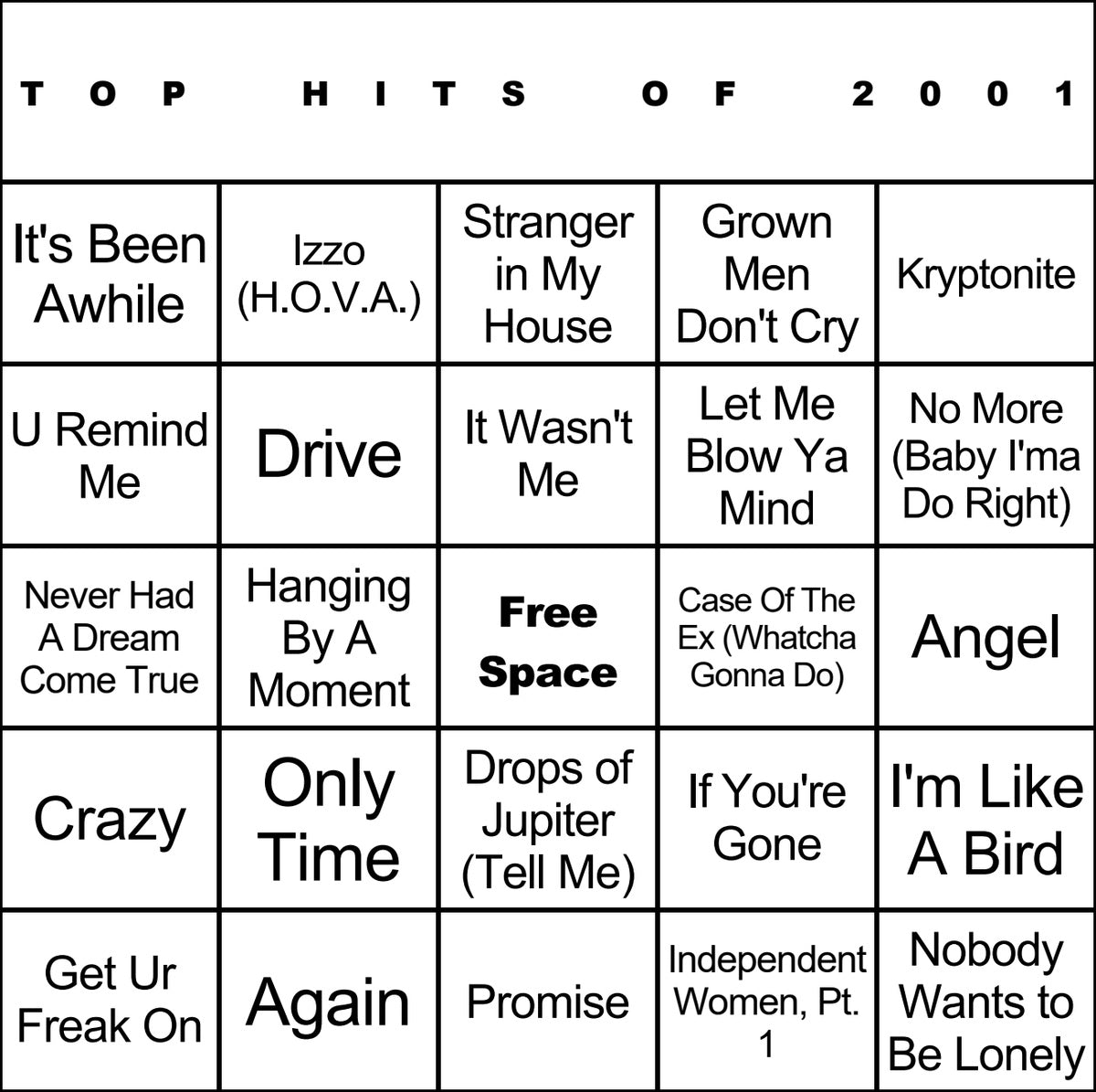 Top Hits of 2001 laminated music bingo card example