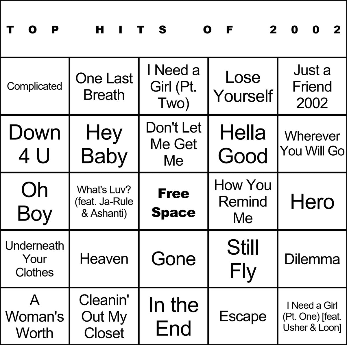 Top Hits of 2002 laminated music bingo card example
