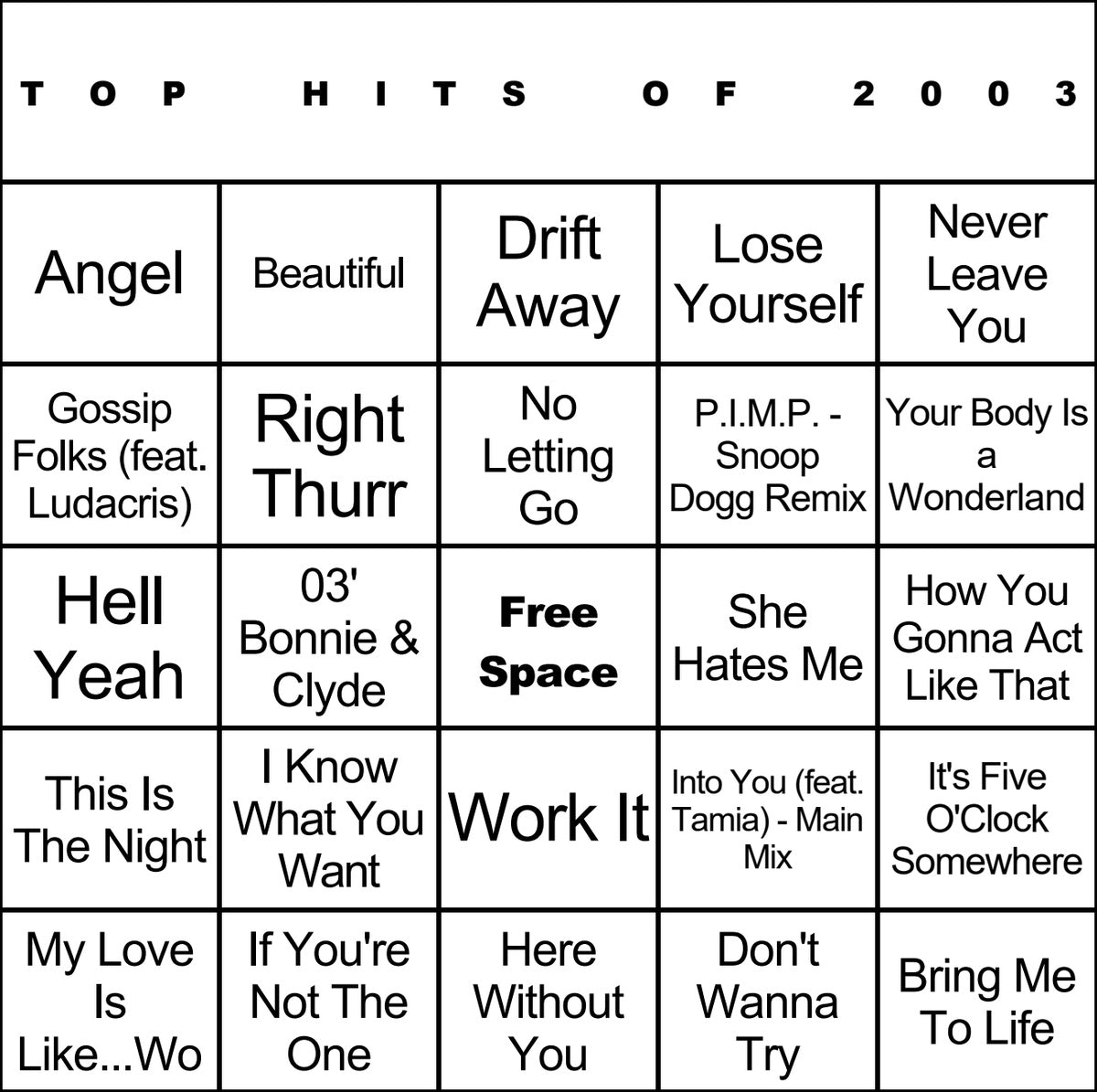 Top Hits of 2003 laminated music bingo card example