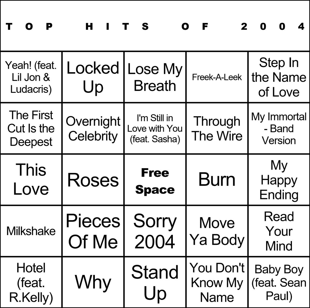Top Hits of 2004 laminated music bingo card example