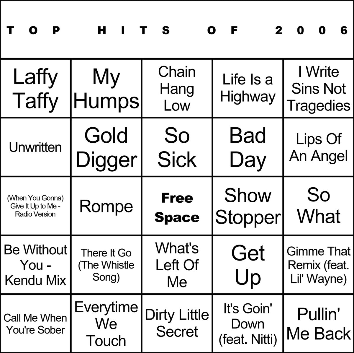Top Hits of 2006 laminated music bingo card example