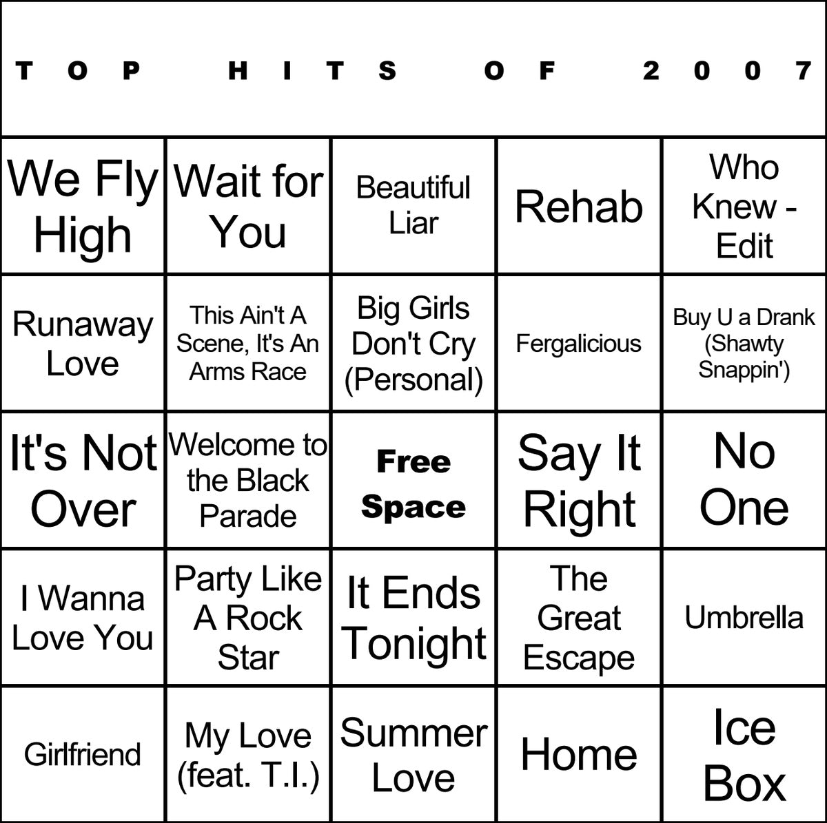 Top Hits of 2007 laminated music bingo card example