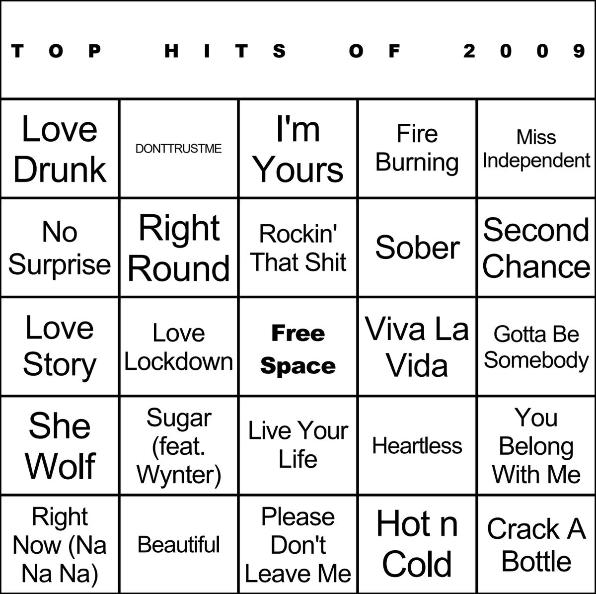 Top Hits of 2009 laminated music bingo card example
