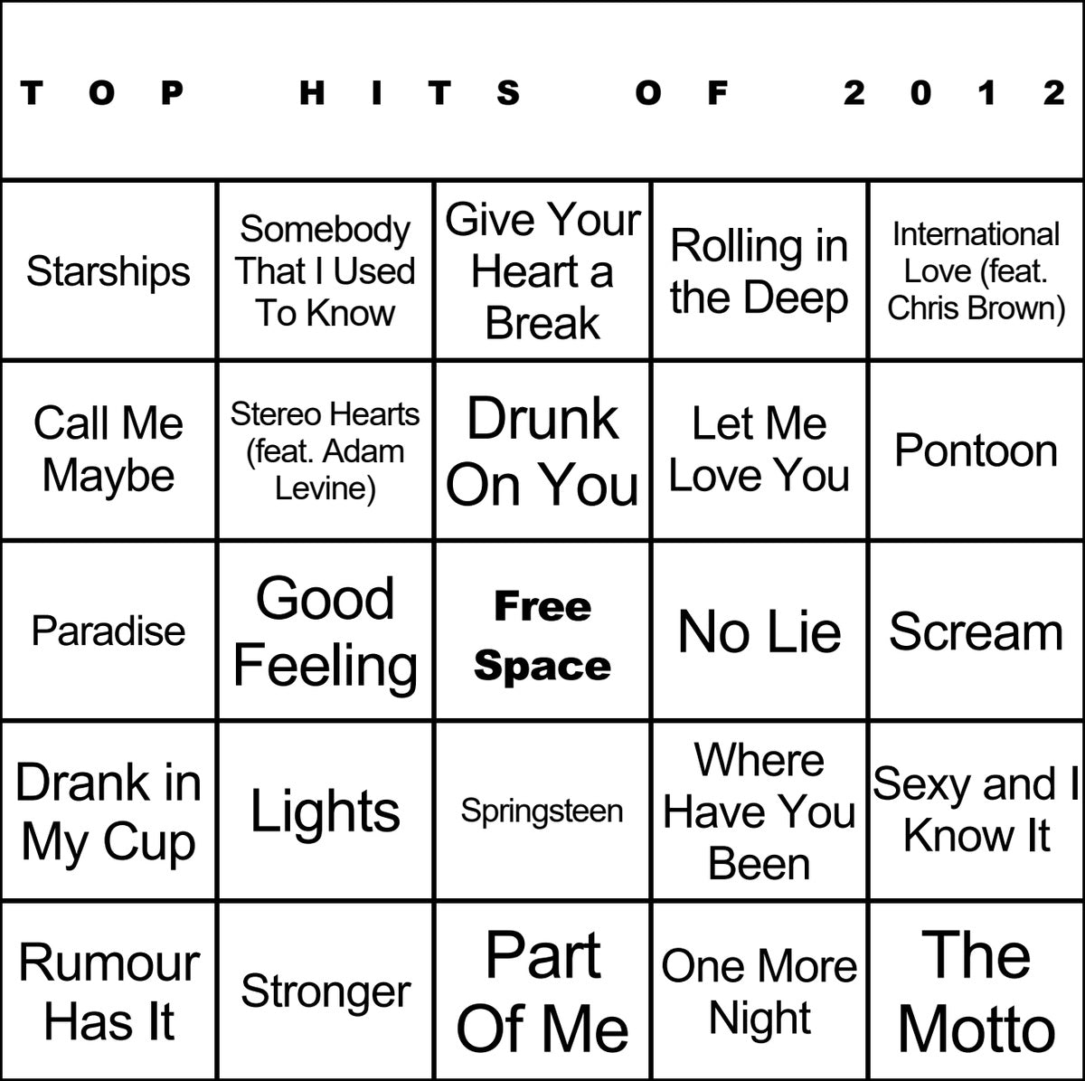 Top Hits of 2012 laminated music bingo card example