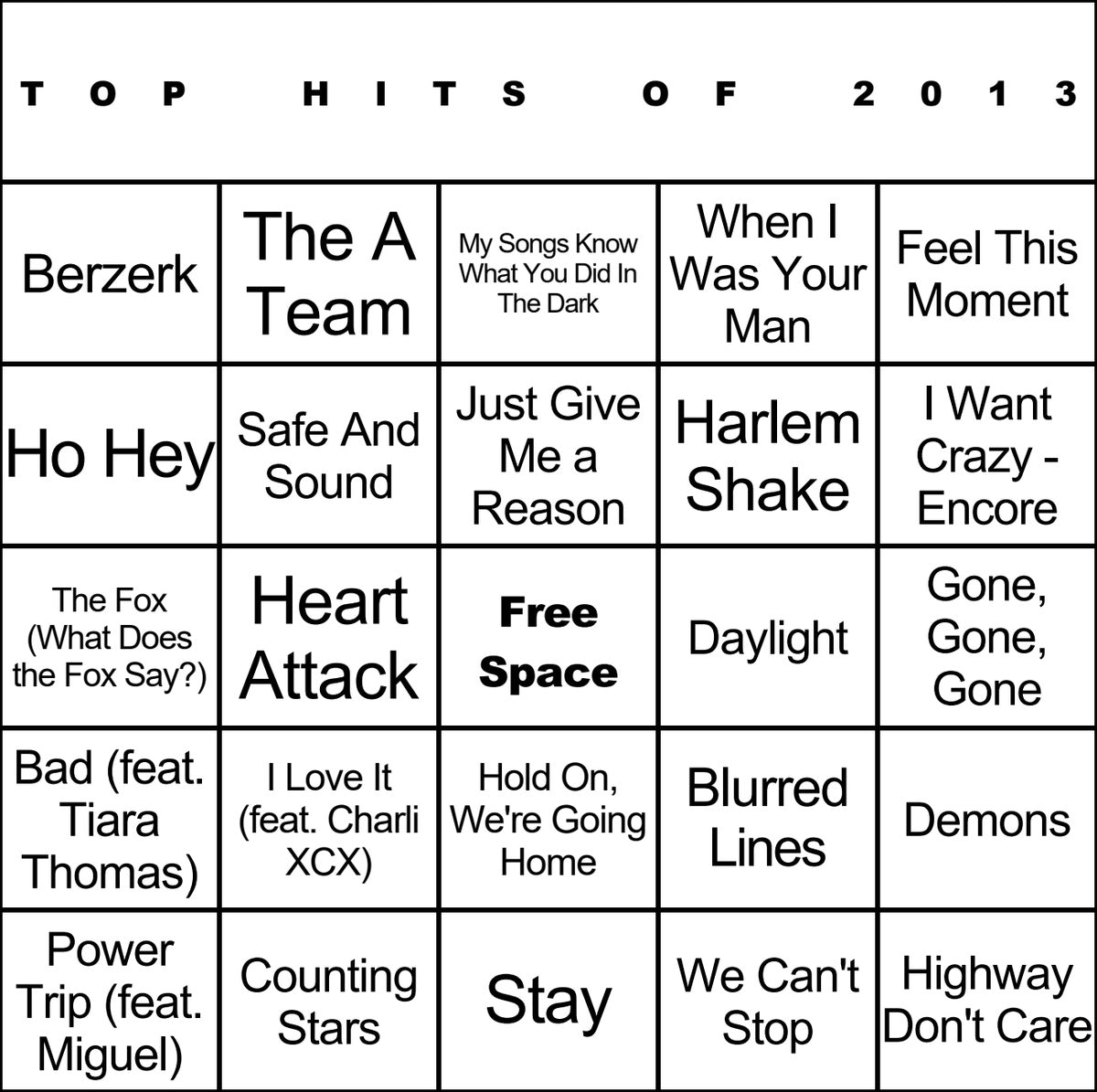 Top Hits of 2013 laminated music bingo card example