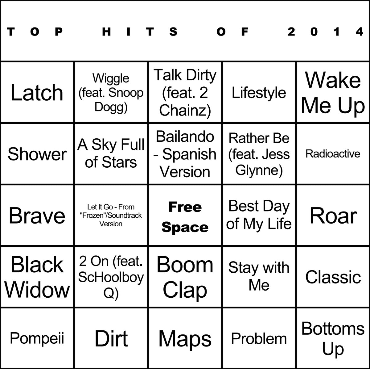 Top Hits of 2014 laminated music bingo card example