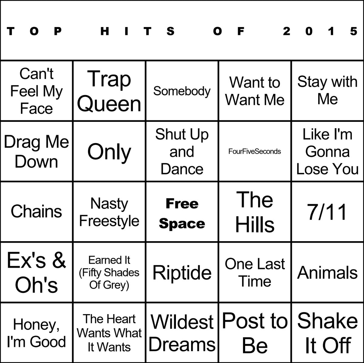 Top Hits of 2015 laminated music bingo card example