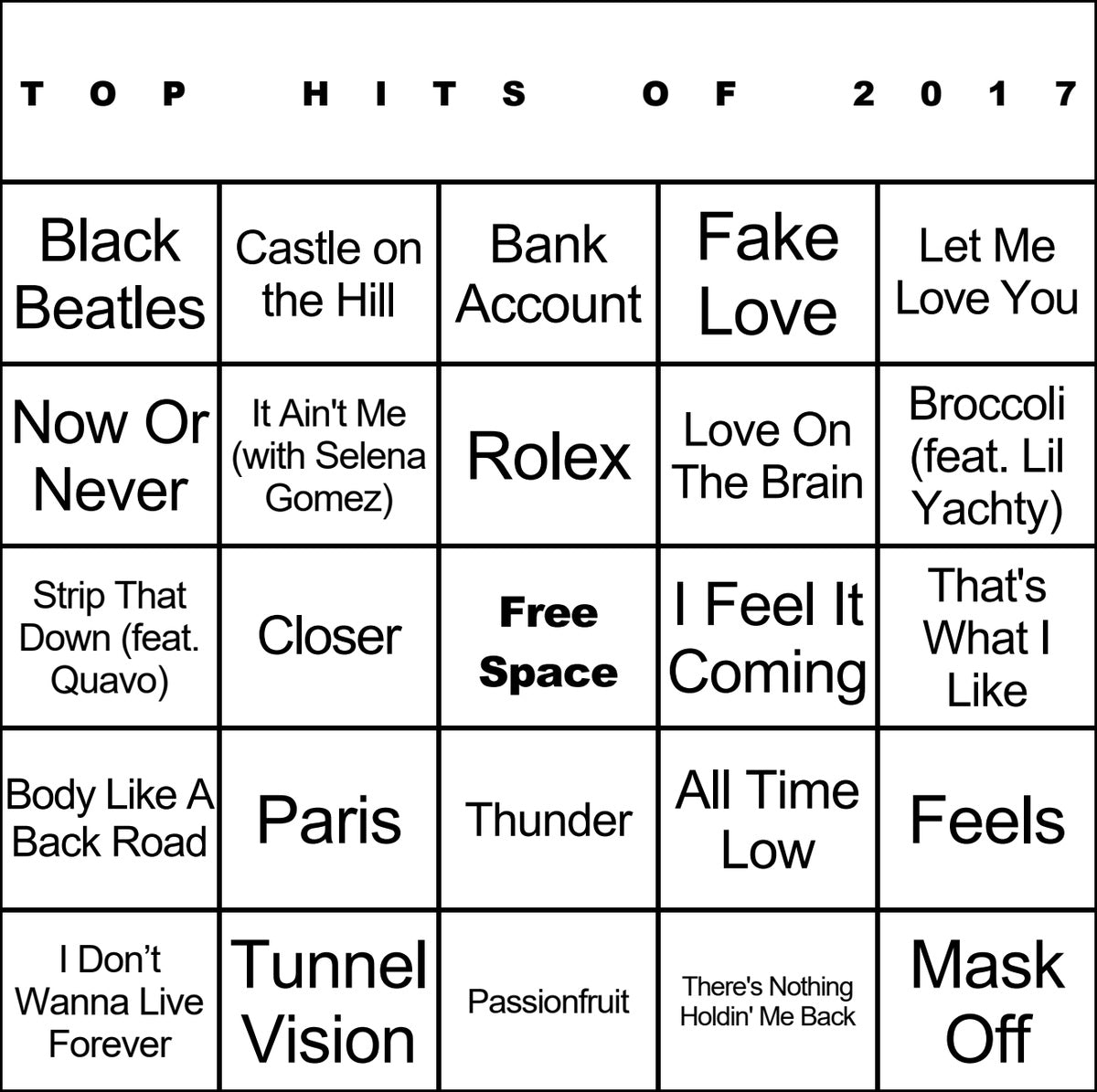 Top Hits of 2017 laminated music bingo card example