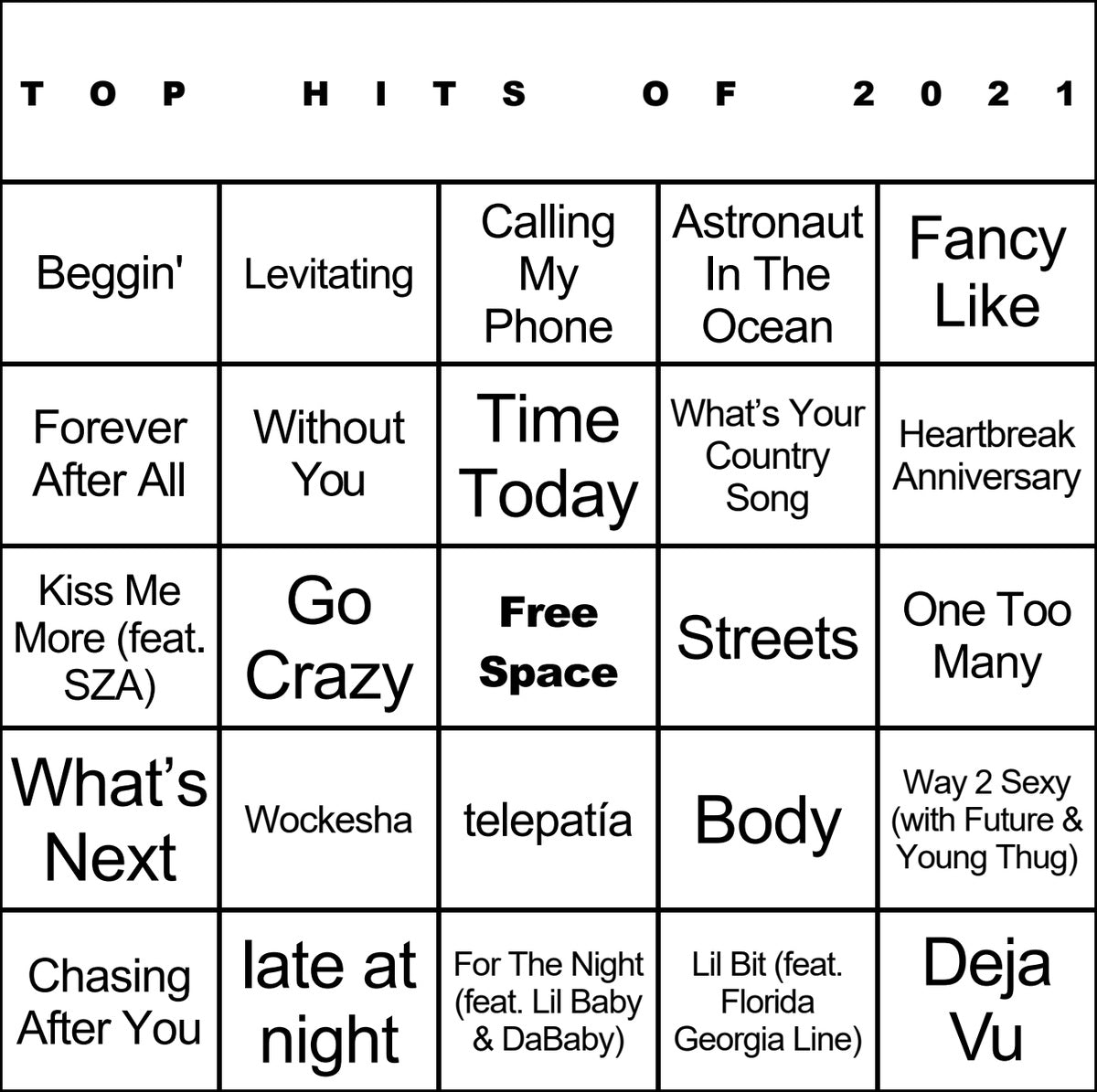 Top Hits of 2021 laminated music bingo card example