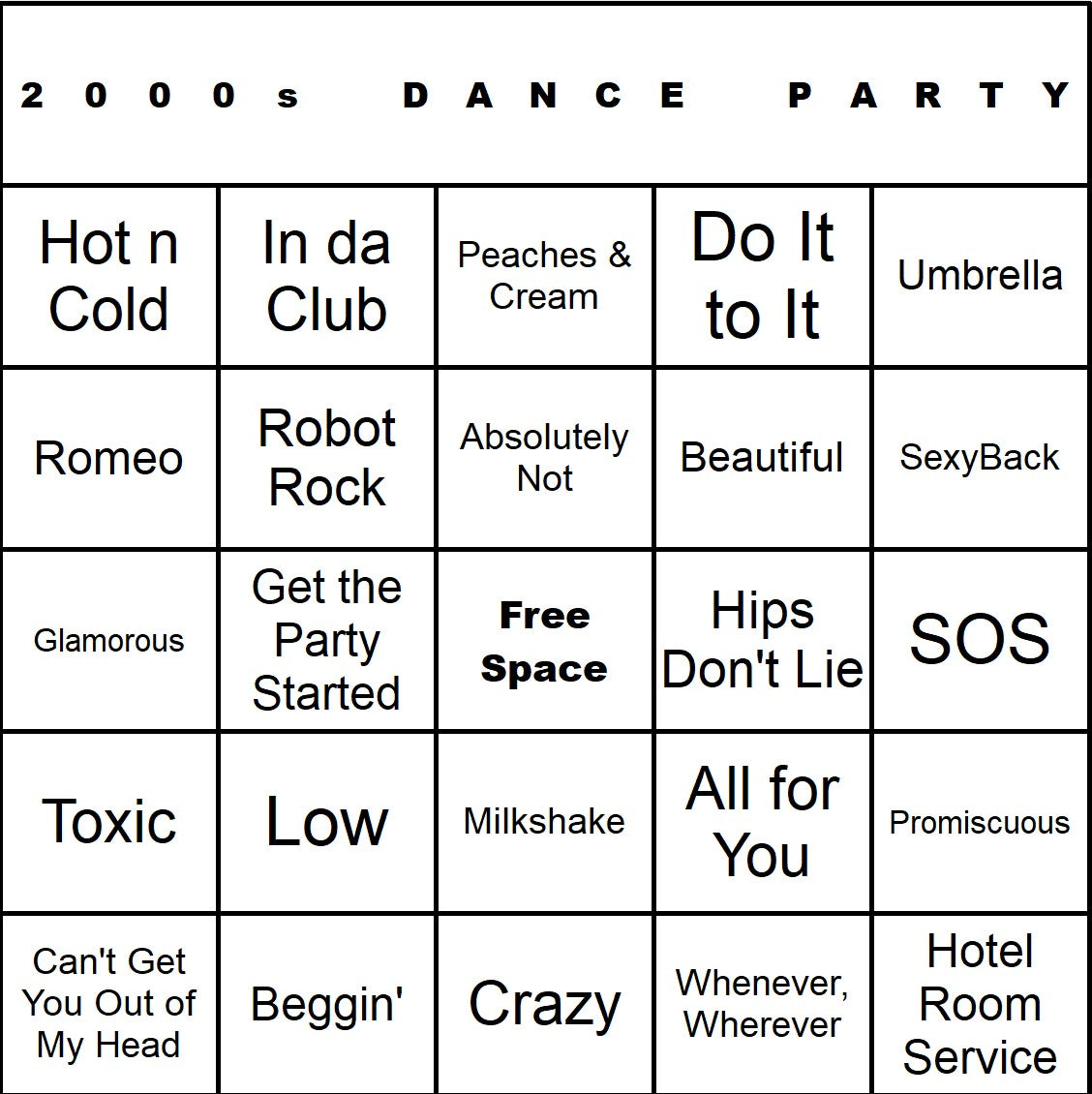 2000s Dance Party music bingo single-card example