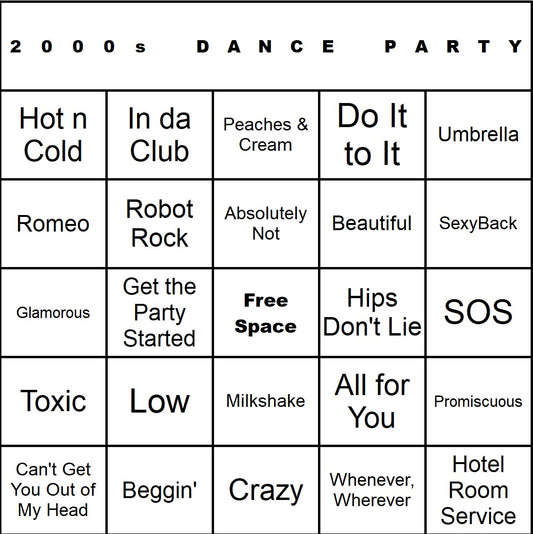2000s Dance Party music bingo single-card example