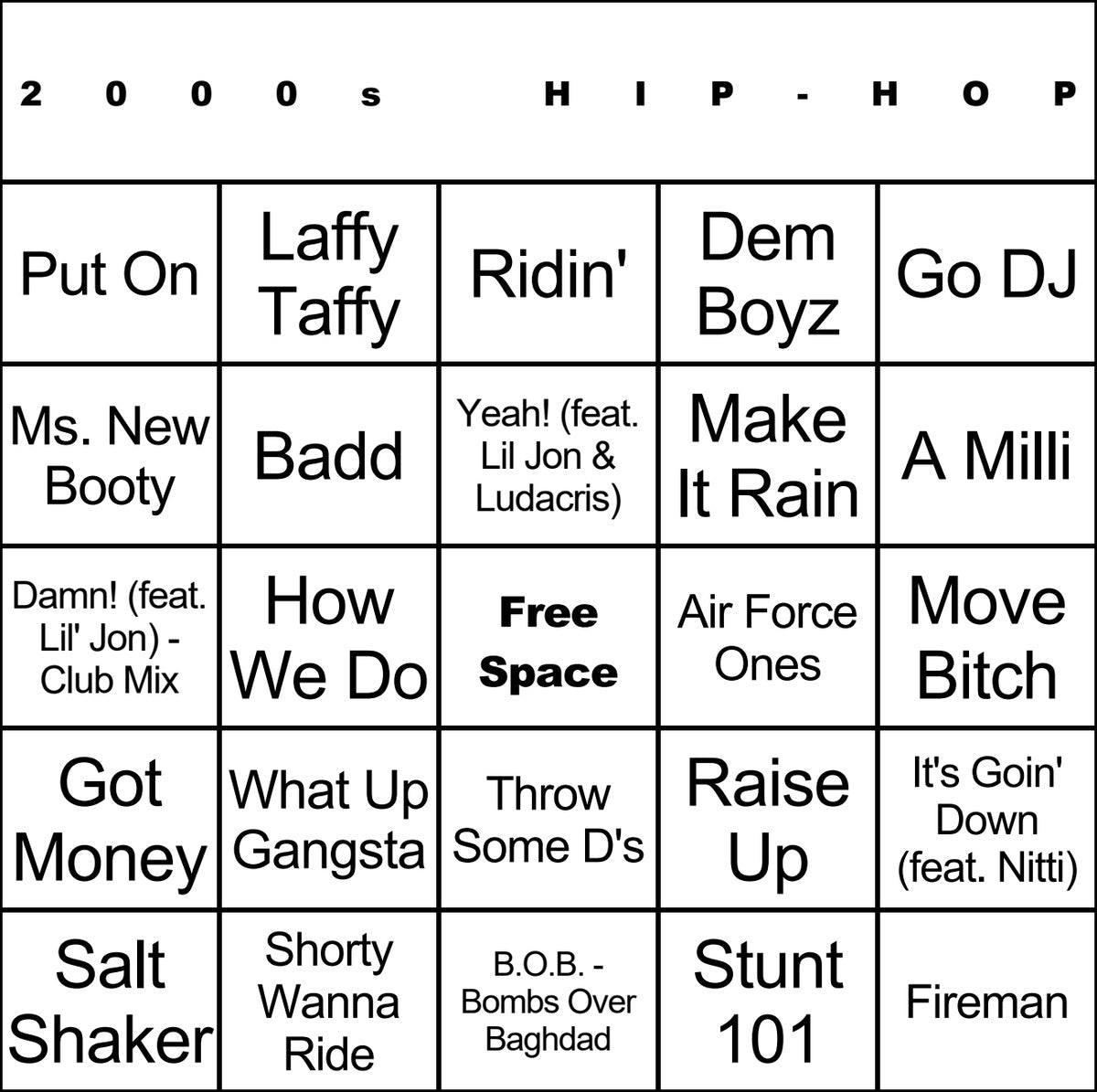 2000s Hip-Hop laminated music bingo card example