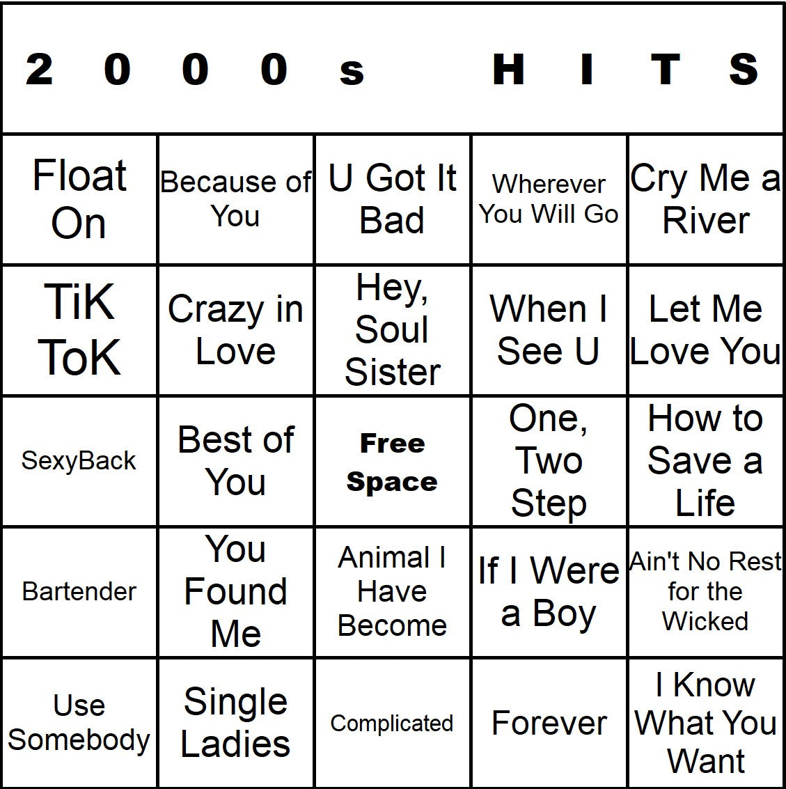 2000s Hits music bingo single-card example