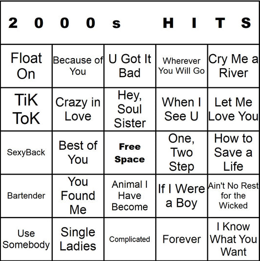 2000s Hits music bingo single-card example
