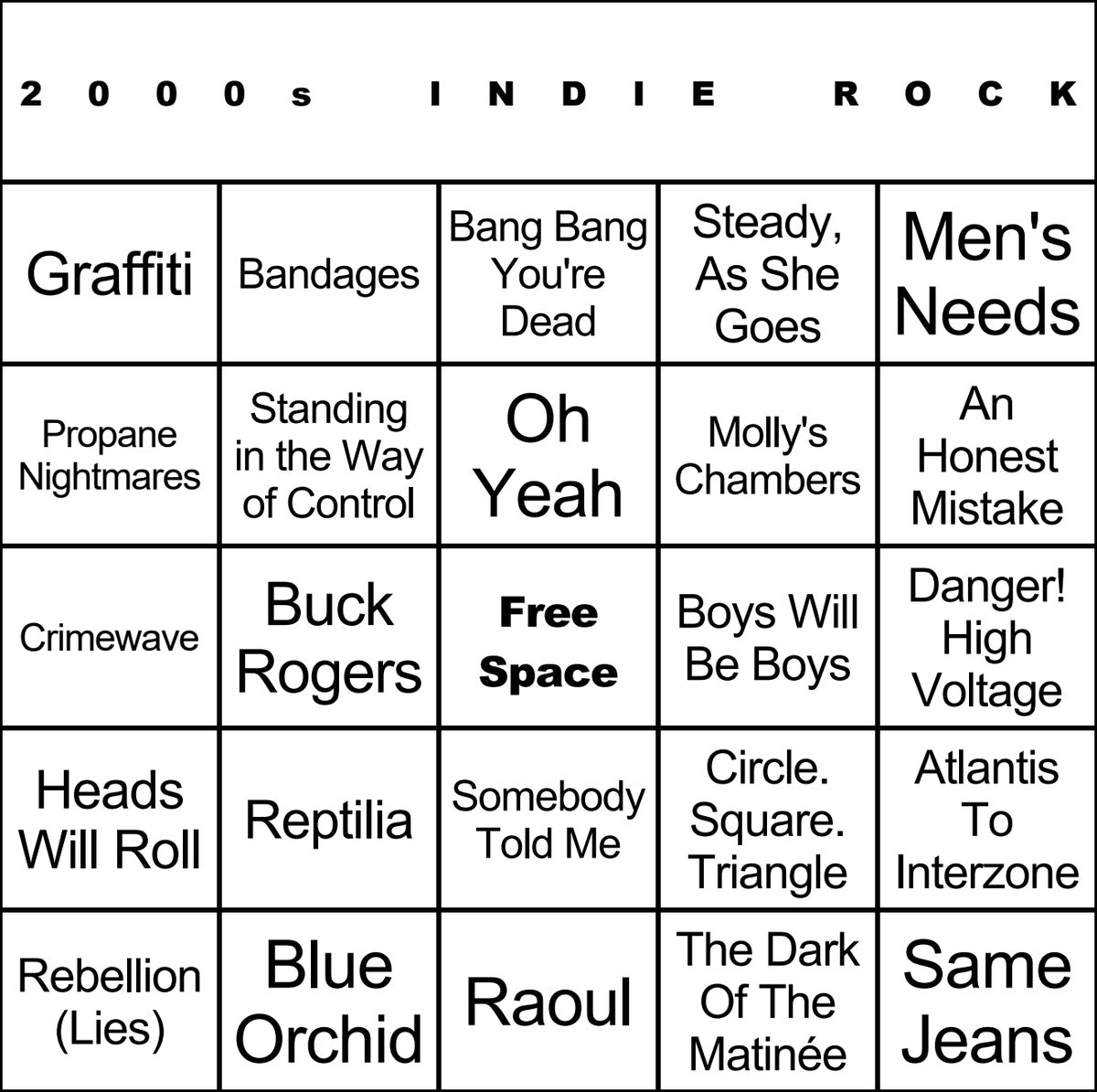 2000s Indie Rock laminated music bingo card example