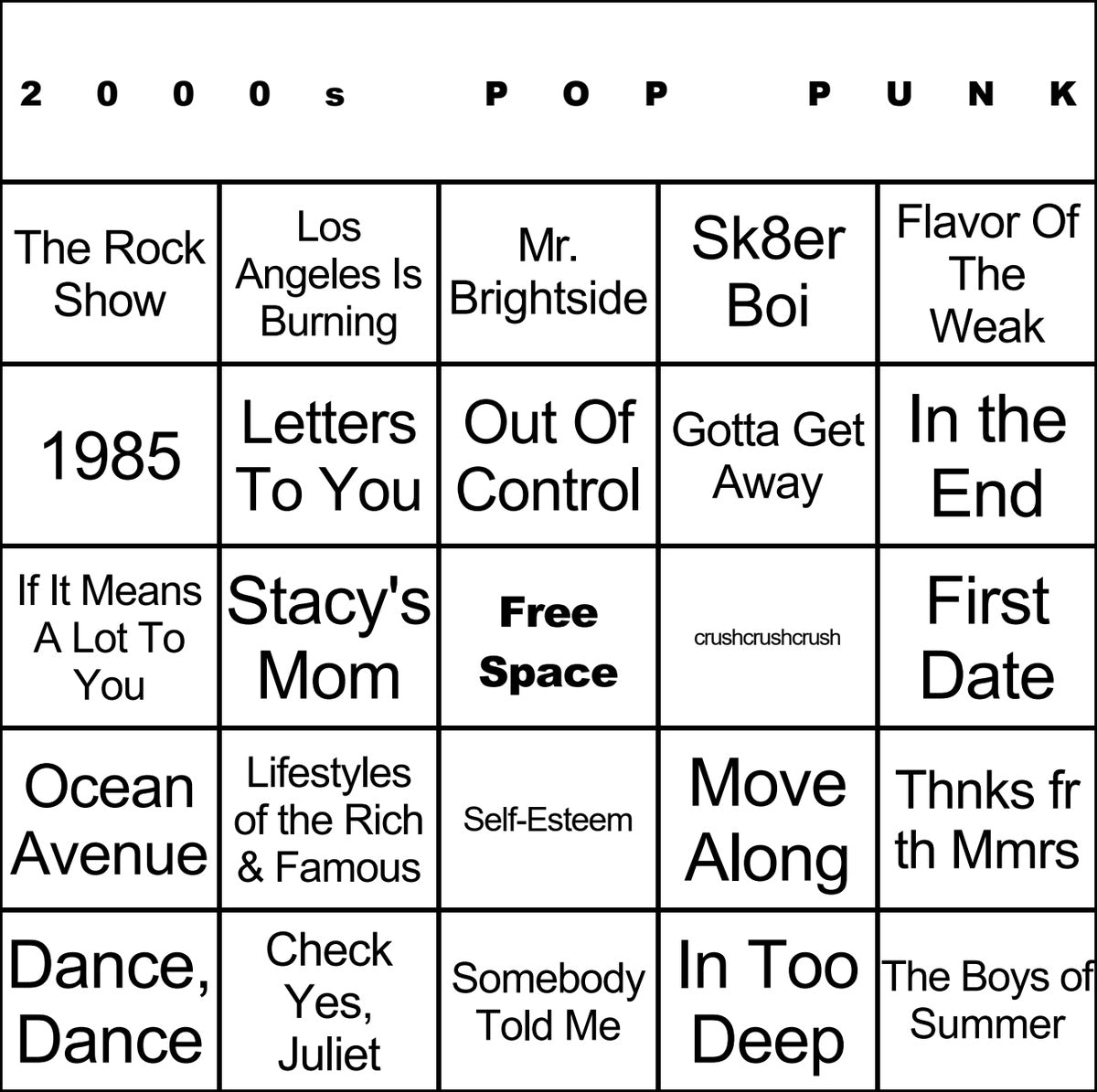 2000s Pop Punk laminated music bingo card example