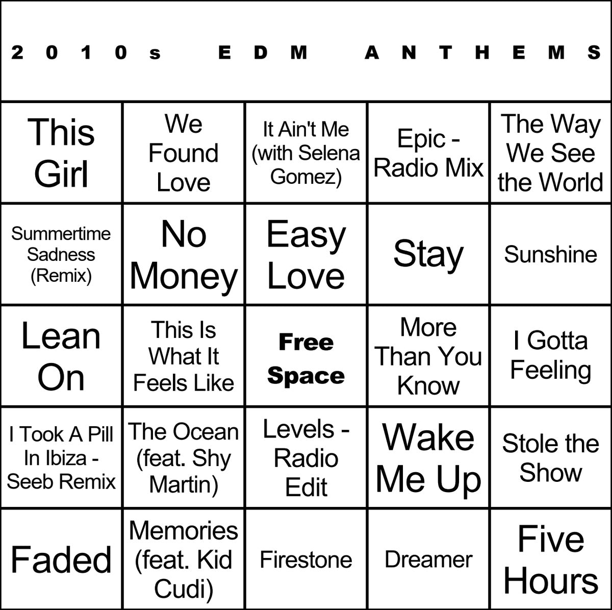 2010s EDM Anthems laminated music bingo card example