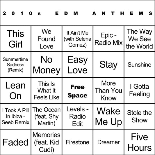 2010s EDM Anthems laminated music bingo card example