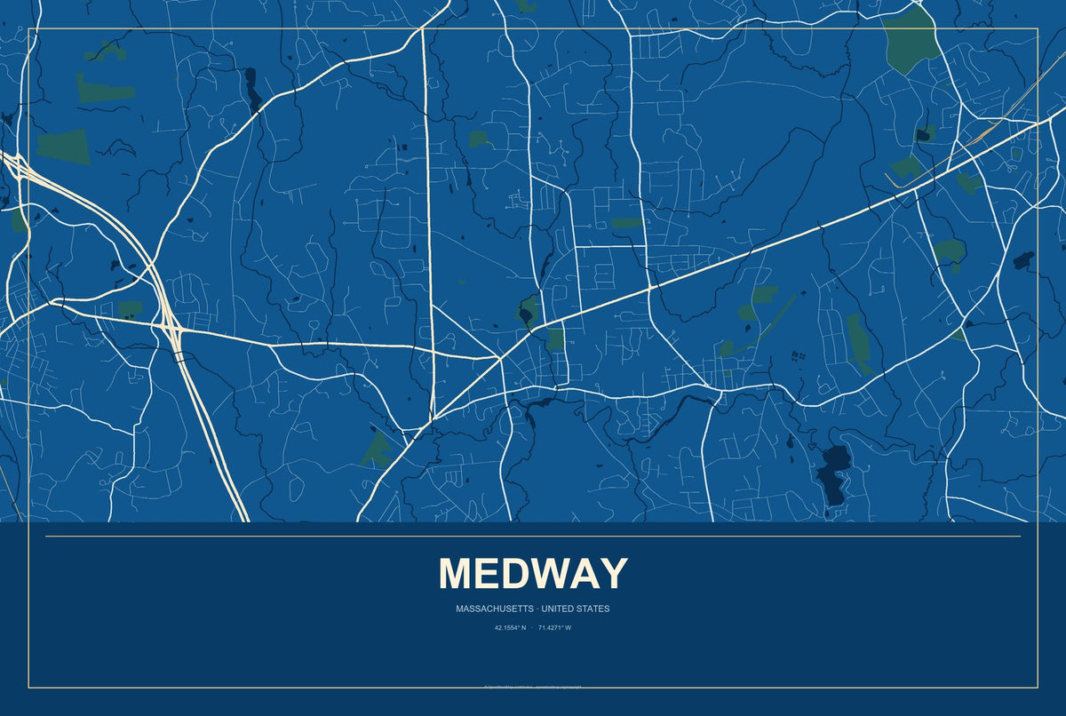Medway, Massachusetts City Map Aluminum Sign in Harbor Cobalt style