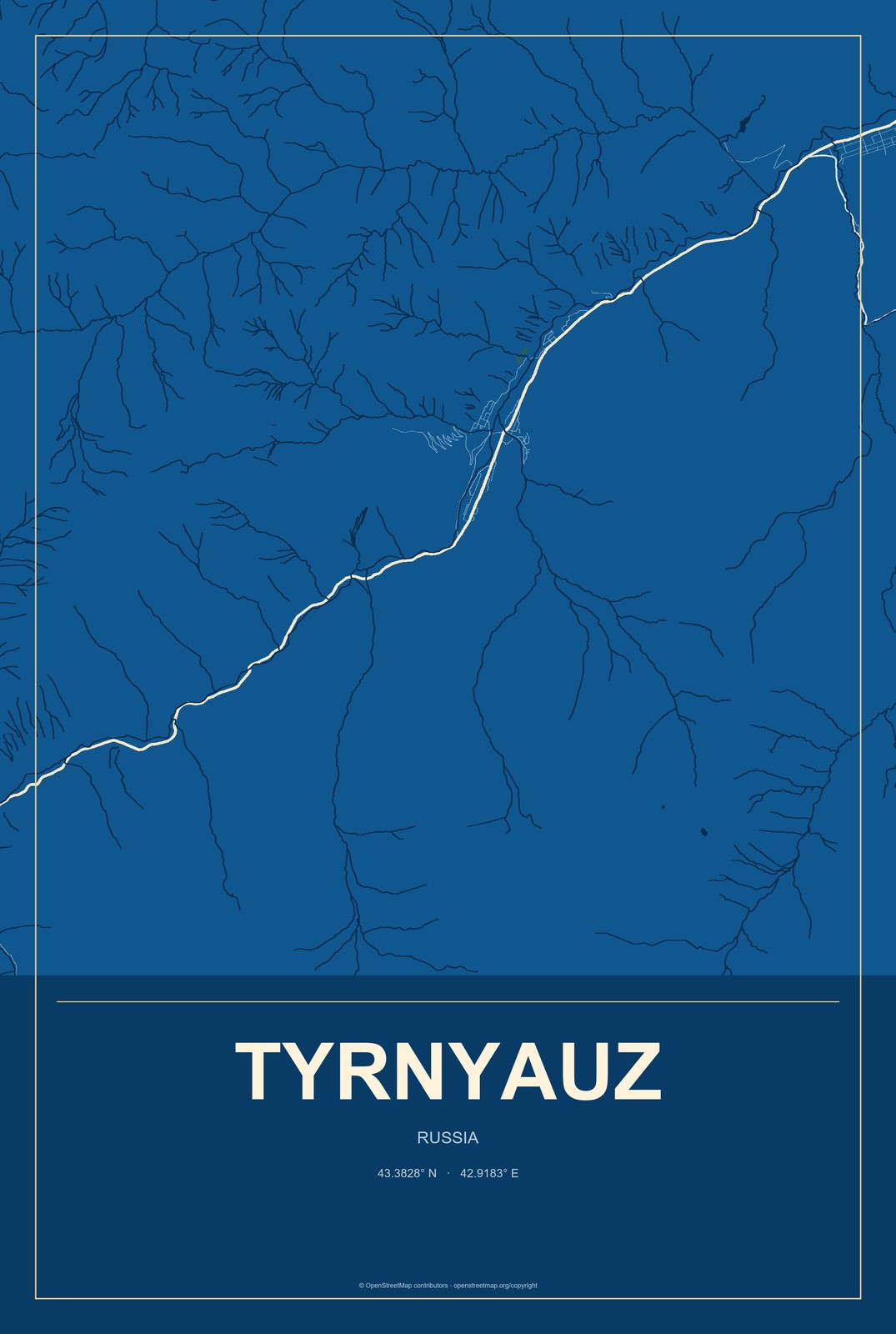 Tyrnyauz, Russia City Map Aluminum Sign in Harbor Cobalt style