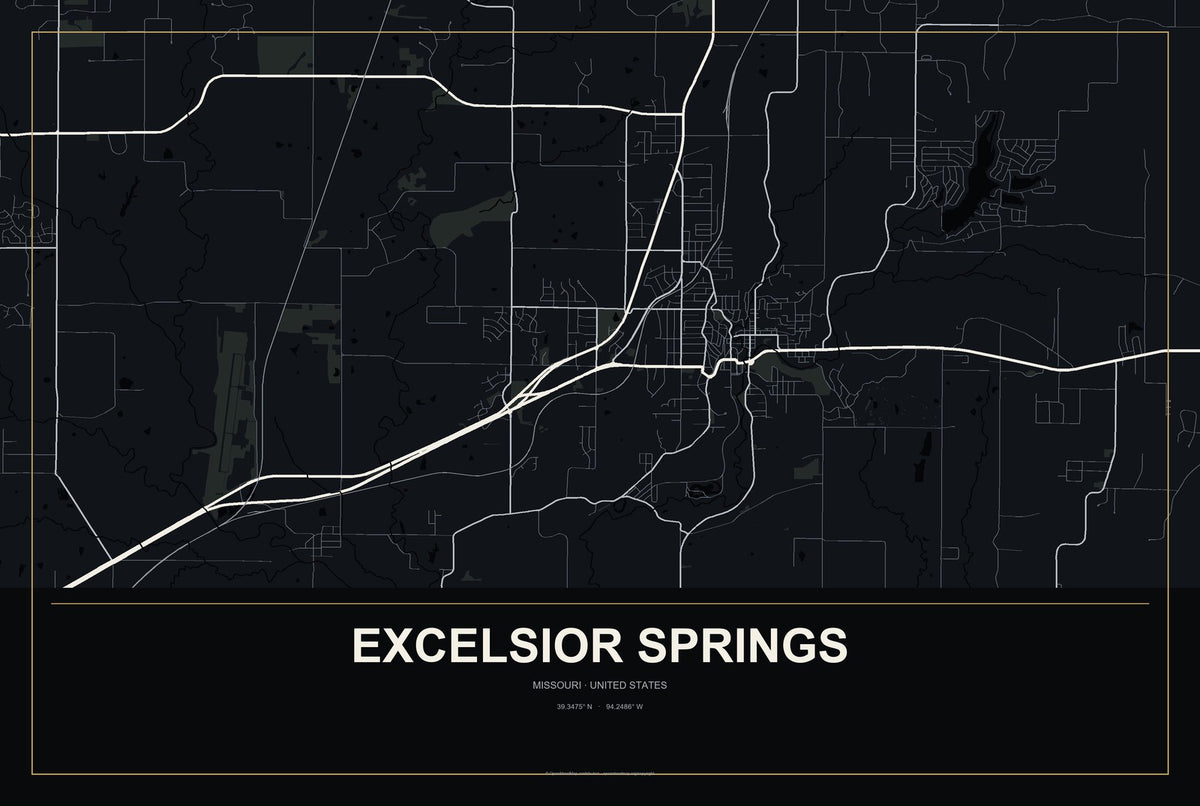 Excelsior Springs, Missouri City Map Aluminum Sign in Metropolitan Noir style