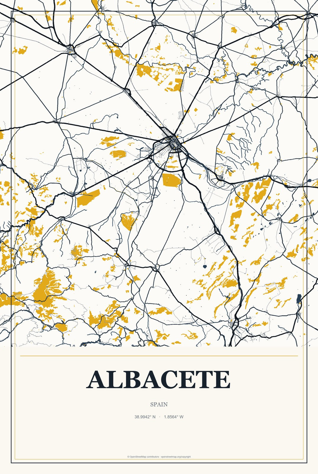 Albacete, Spain City Map Aluminum Sign in Citrine Modern style
