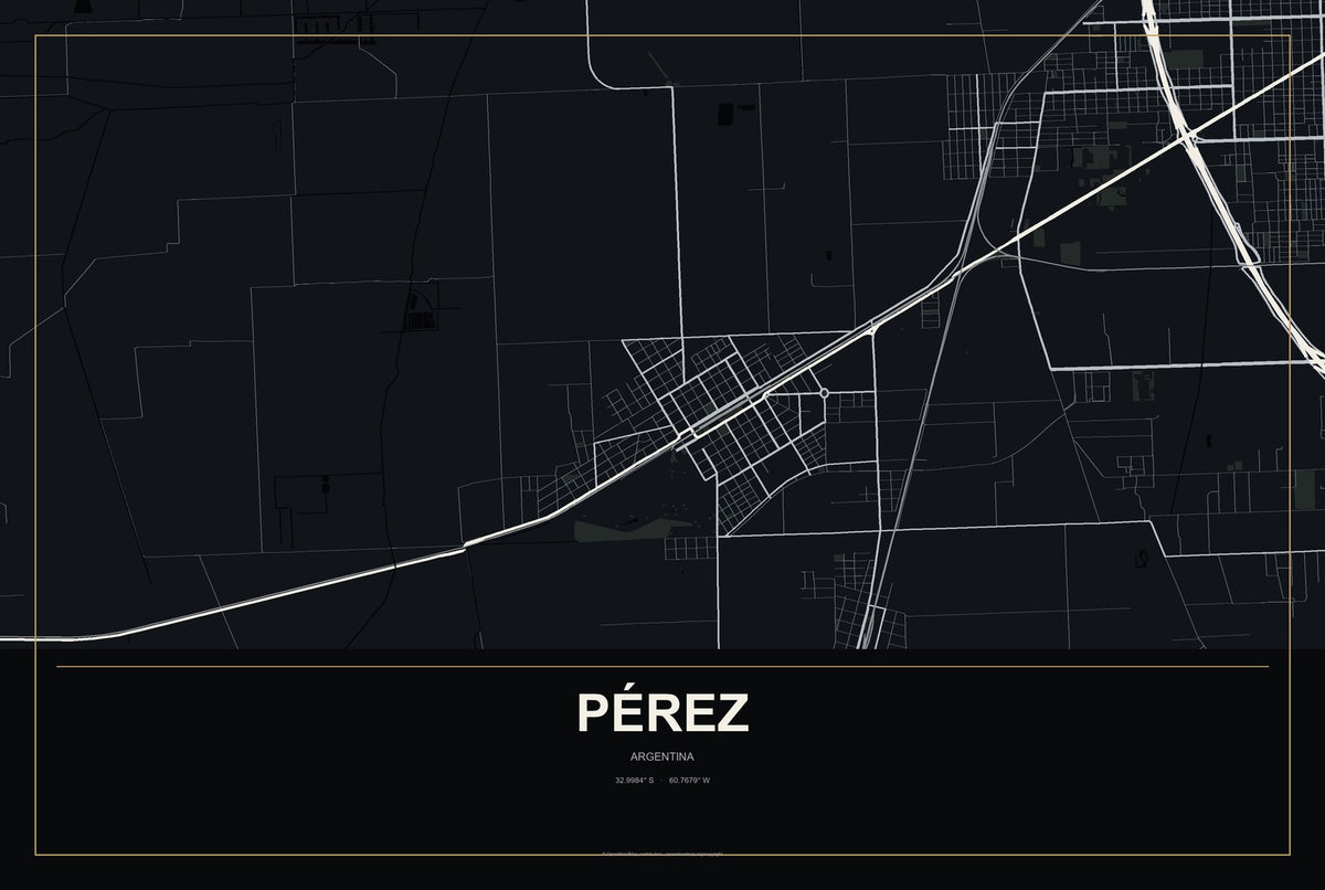 Pérez, Argentina City Map Aluminum Sign in Metropolitan Noir style