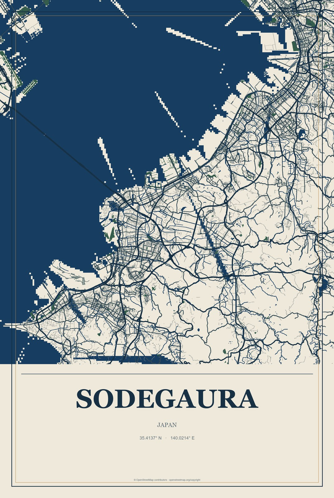 Sodegaura, Japan City Map Aluminum Sign in Coastal Cutout style